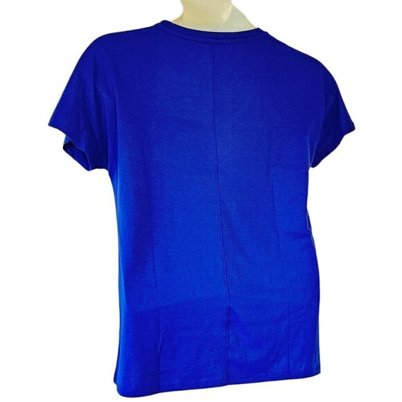 Natori Tee Shirt NWT V-Neck with Cap Sleeve Royal Blue with Pink Multi Piping  M - Picture 3 of 6